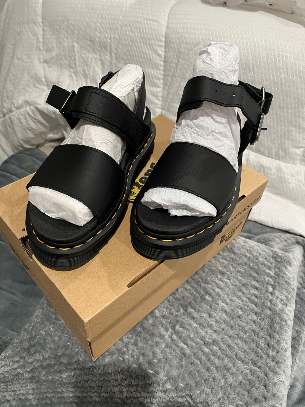 Dr. Martens Black Leather Platform Sandals with Yellow Stitching